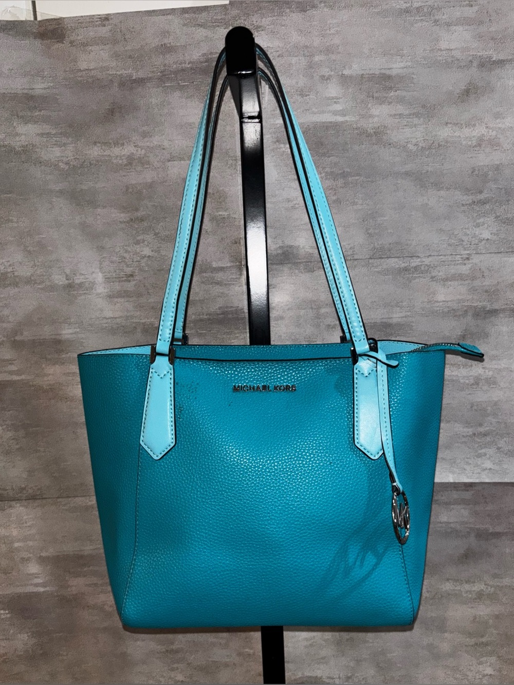 Michael Kors Turquoise Pebbled Leather Tote with Light Blue Straps